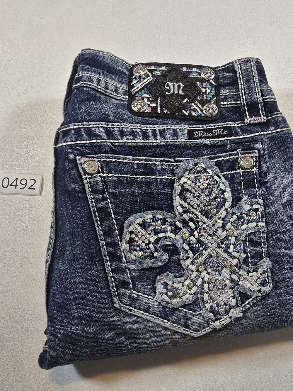 Miss Me Dark Blue Boot Cut Jeans with Embellished Fleur-de-Lis